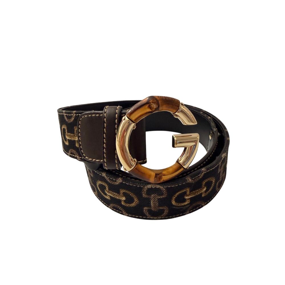 Gucci Vintage GG Monogram Bamboo G Buckle Belt Brown Gold